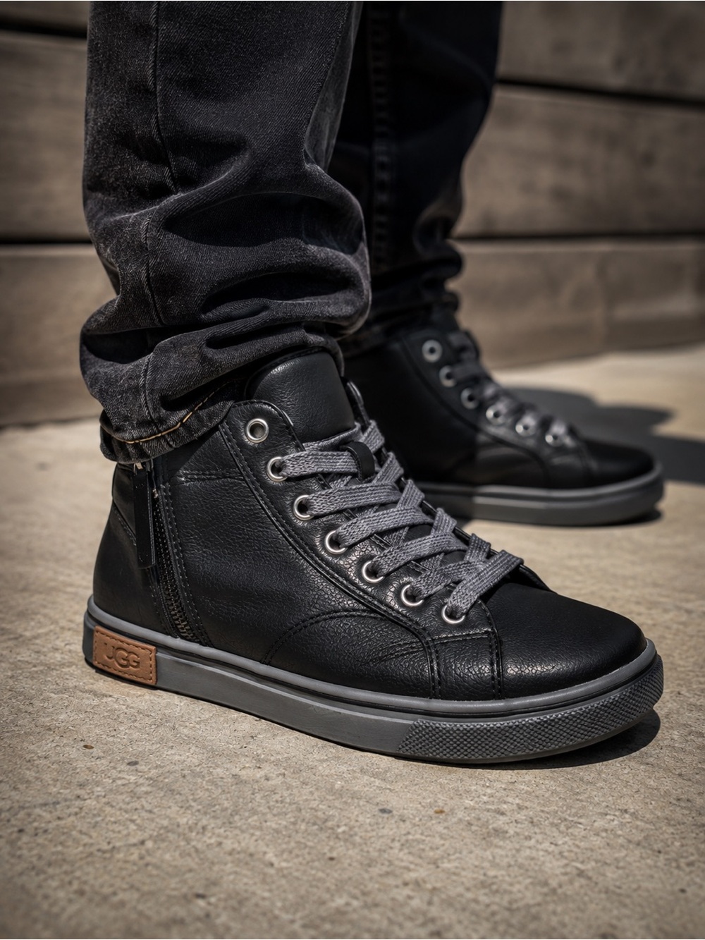 UGG Kids' Black High-Top Sneaker with Gray Laces and Tan Logo Tab
